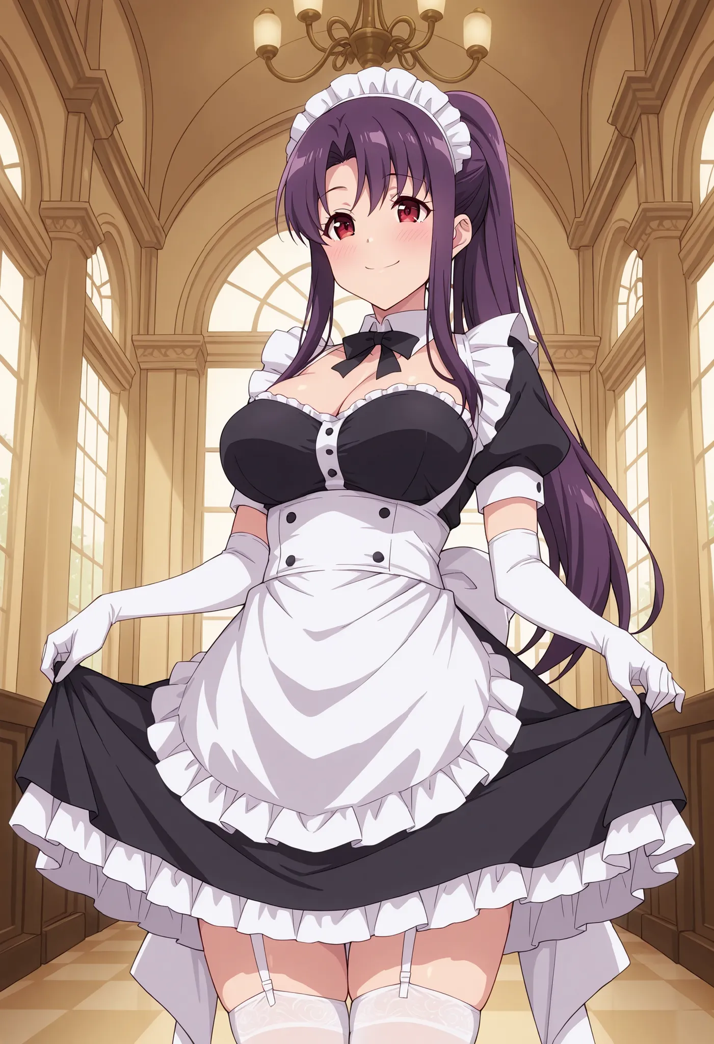 Score_9, score_8_up, score_7_up, source_anime, kitamura_cnr, solo, purple hair, ponytail, sidelocks, red eyes, large breasts, (best quality), (high quality), {masterpiece}, extremely delicate and beautiful, ultra-detailed, beautiful detailed eyes, maid, bl...
