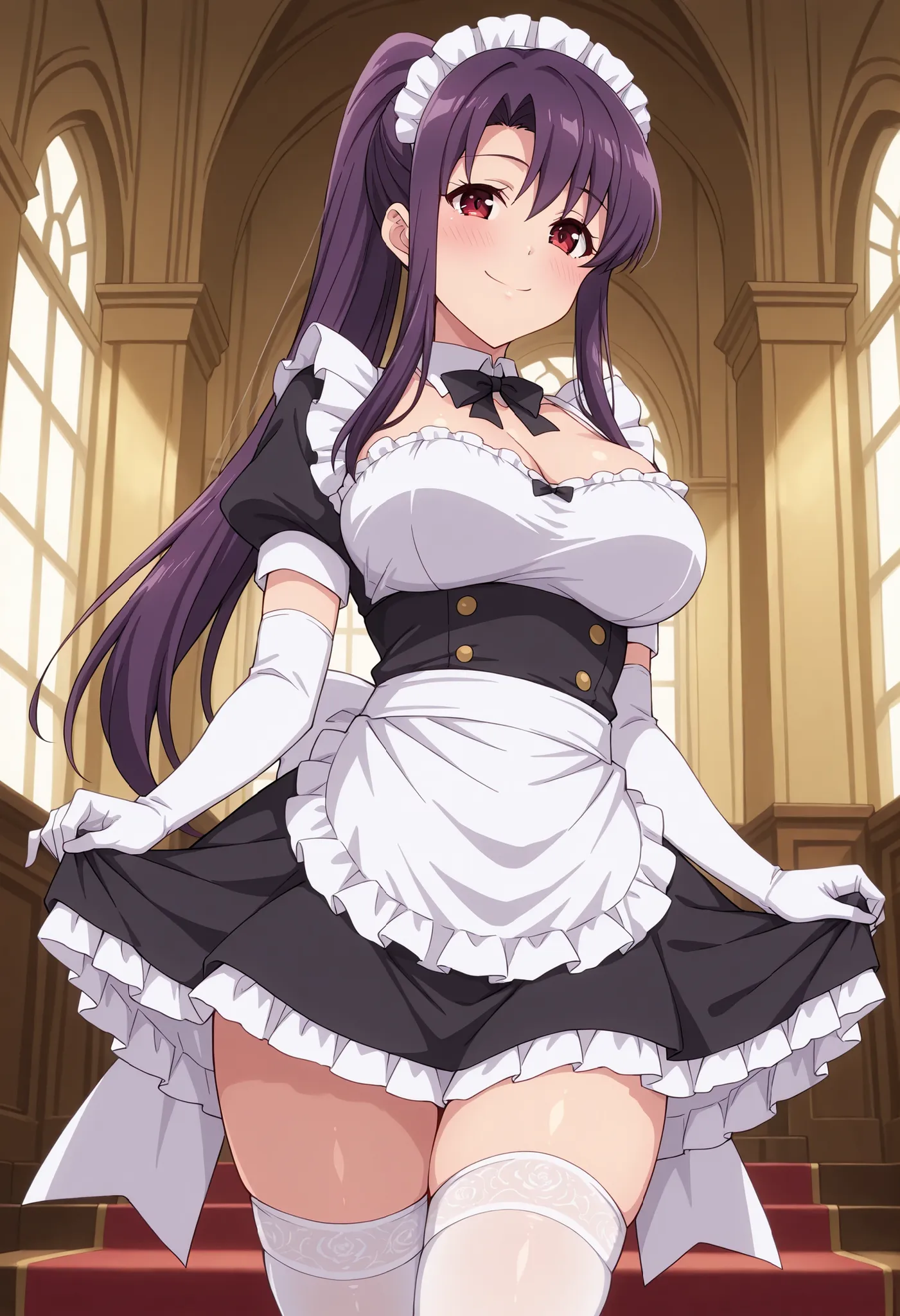 Score_9, score_8_up, score_7_up, source_anime, kitamura_cnr, solo, purple hair, ponytail, sidelocks, red eyes, large breasts, (best quality), (high quality), {masterpiece}, extremely delicate and beautiful, ultra-detailed, beautiful detailed eyes, maid, bl...