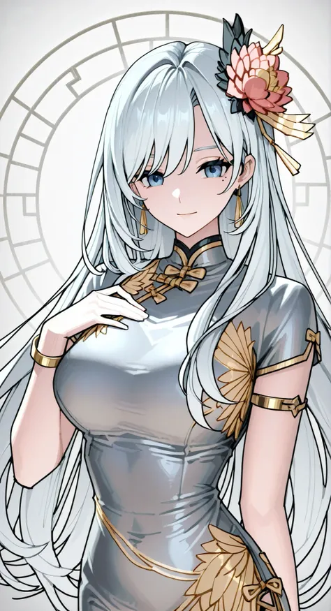 mole under eye、Armlet for left arm、bracelet for right wrist、China Dress,anime girl Picture of a woman with long white hair and a flower in her hair, gray hairの deity, Anime Goddess, gray hairの, gray hairの lady, gray hair, Zodiac knight portrait girl, Haise...