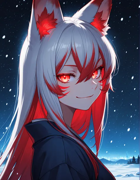 1girl,fox ears,red and blue eyes,glowing eyes,white hair,red hair,hair between eyes,closed mouth,multicolored hair,red whisker markings,upper body,looking at viewer,from side,snowing,smirk,night,dark,masterpiece,