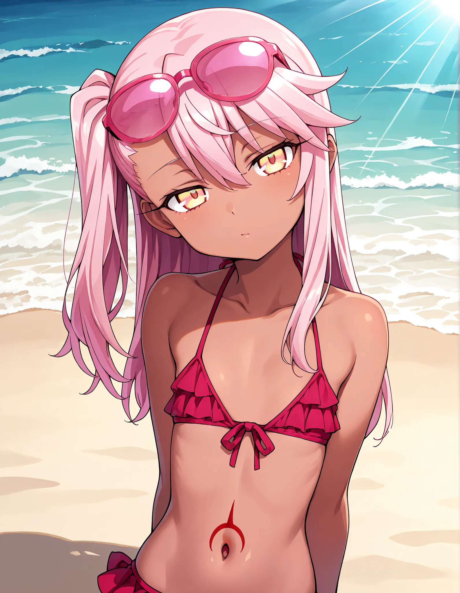 anime, Chloe_Von_Einzbern, 1girl, solo, yellow eyes, pink hair, long hair, hair between eyes, side ponytail, flat chest, dark-skinned female, upper body, looking at viewer, pink eyewear on head, beach, frilled bikini, navel, half closed eyes, head tilt, su...
