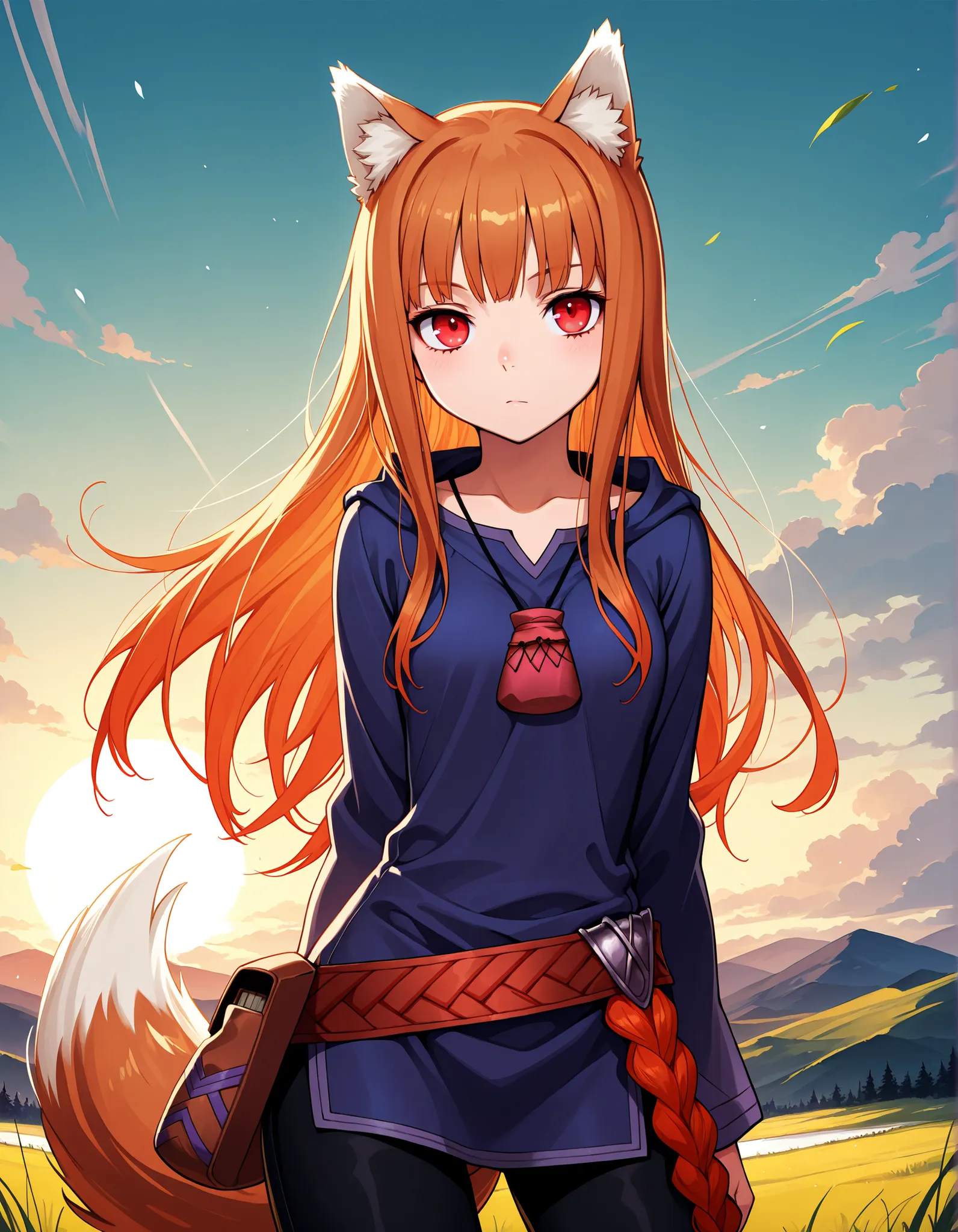 masterpiece, best quality, very aesthetic, 1girl,, holo, 1girl, wolf ears, long hair, solo, red eyes, ginger hair, wolf tail,