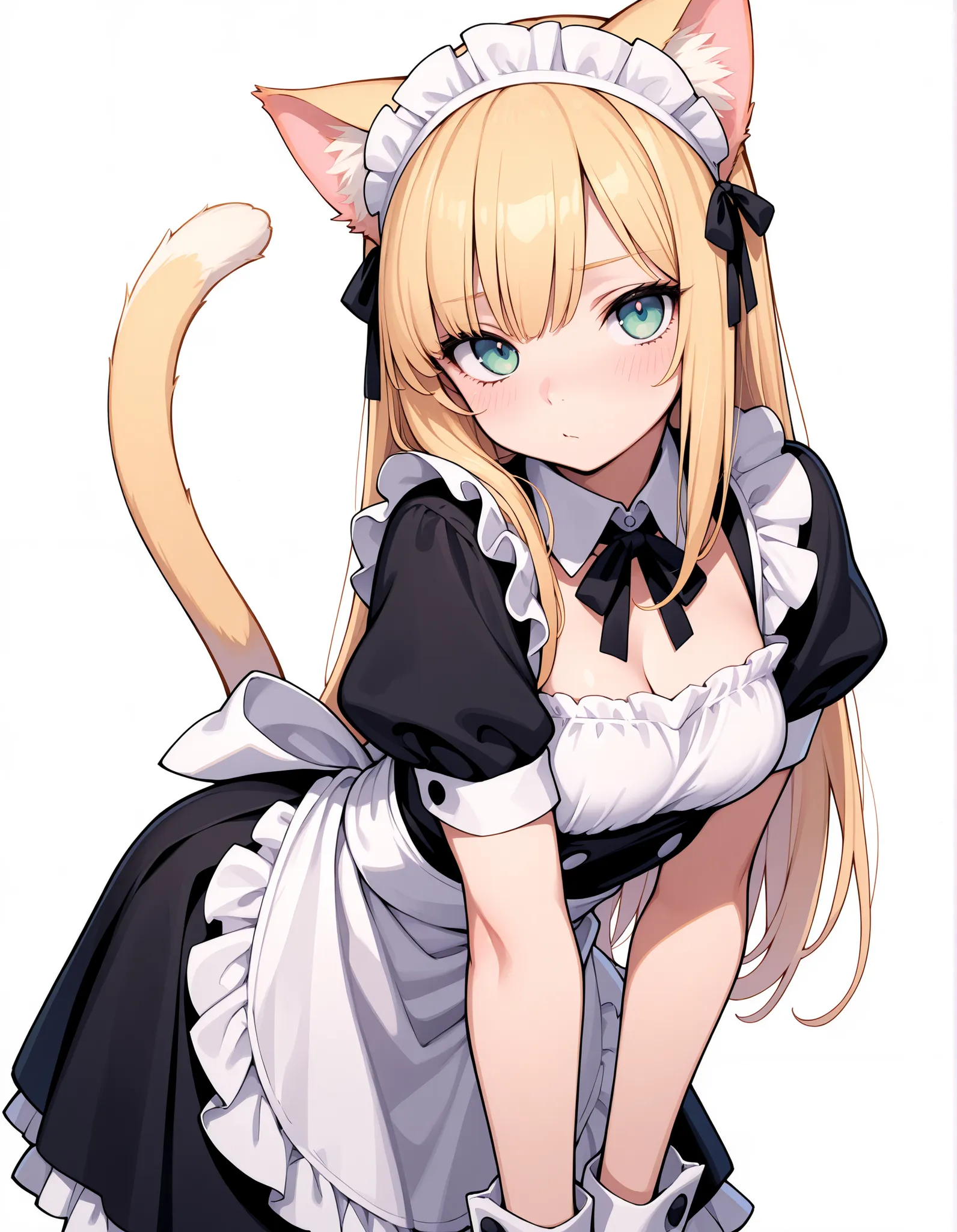 masterpiece, best quality, very aesthetic, 1girl, blonde hair, cat ears, cat tail, maid, white background