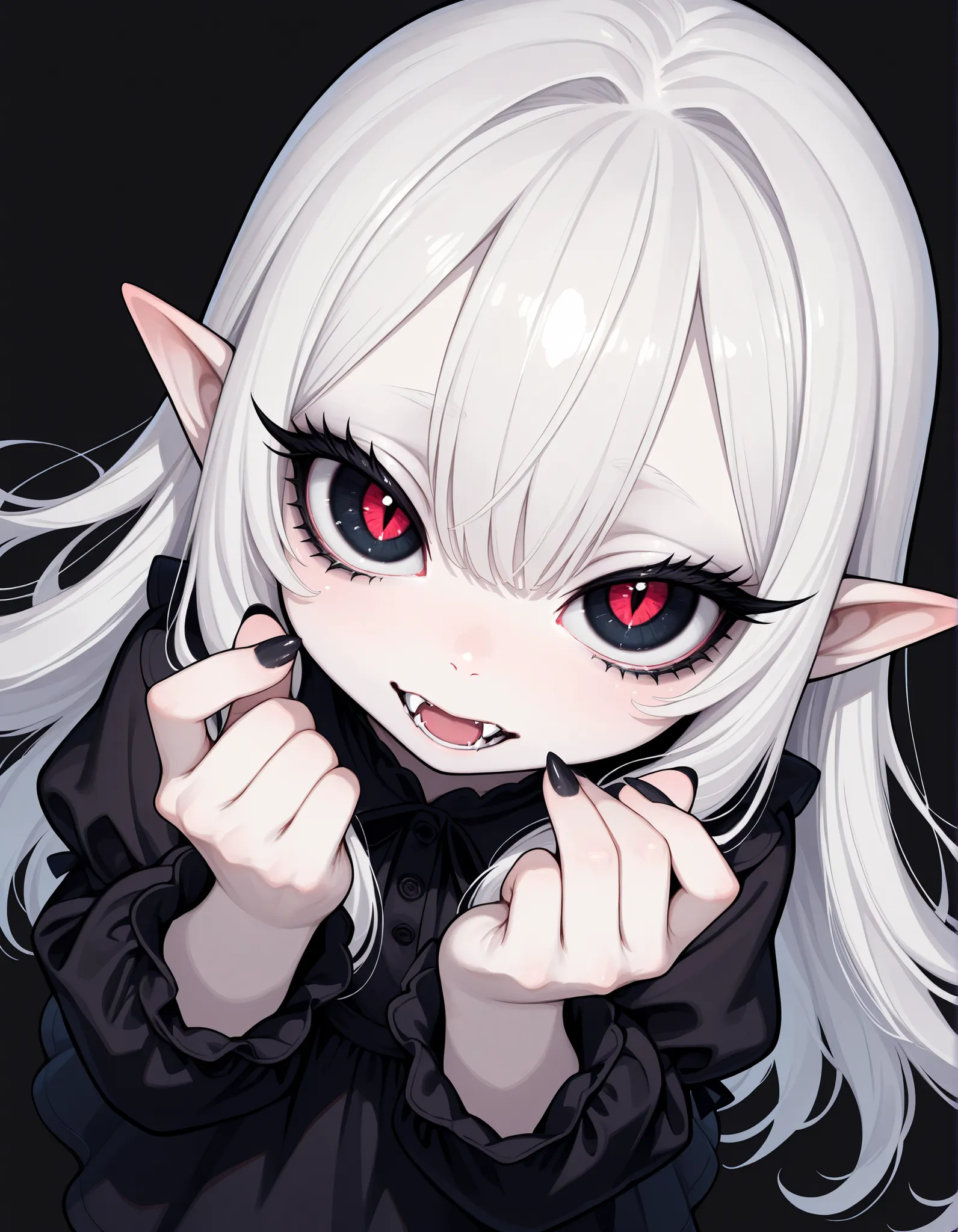 safe, masterpiece, best quality, good quality, very aesthetic, absurdres, newest, 1girl, solo, young, white hair, pointy ears, detailed eyes, fangs, pale skin, black dress, perspective, dynamic angle,long eyelashes, thick eyelashes, black nails, large eyes...