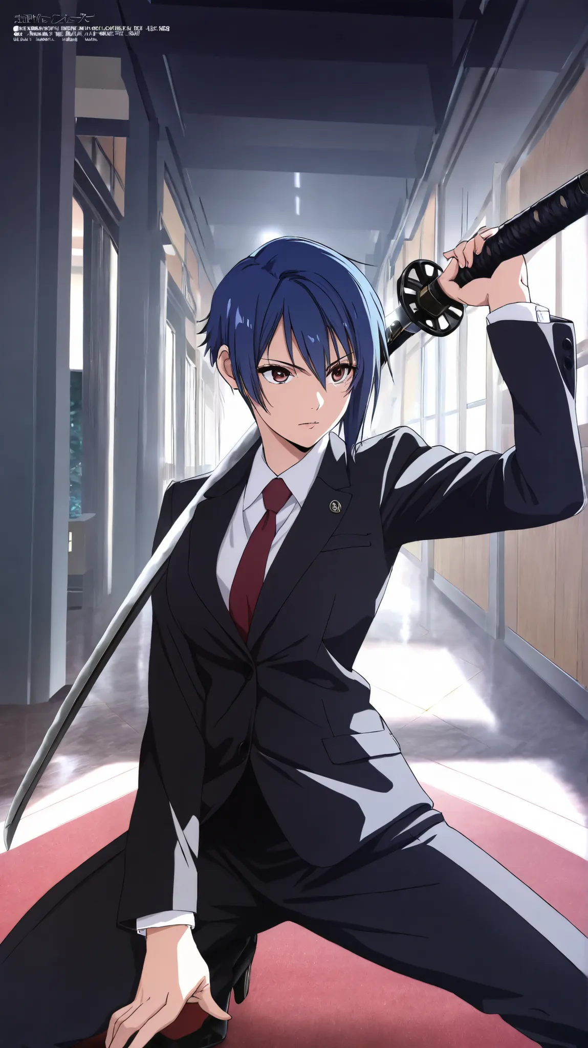 (masterpiece, Best Quality:1.2), high resolution,  solo, megami magazine, 1 female, blue hair, very short hair, suits, katana, long sword