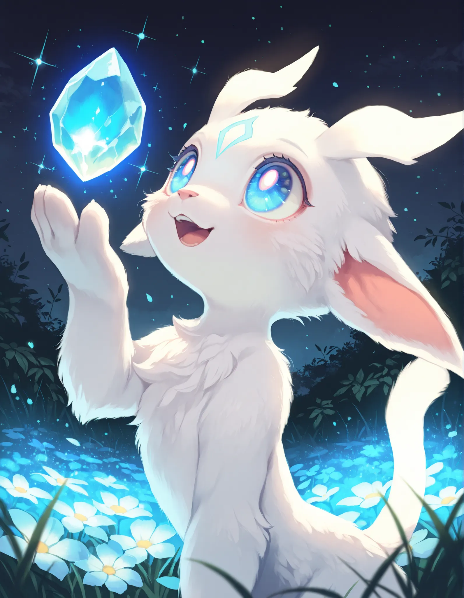 solo furry, no human, guardian spirit, ori \(ori\), white body, big eyes, half-length portrait, fluffy, curious, happy, open mouth, looking up, head up, particles, raised one hand, blue glowing crystal, floating crystal, BREAK, masterpiece, best quality, ...
