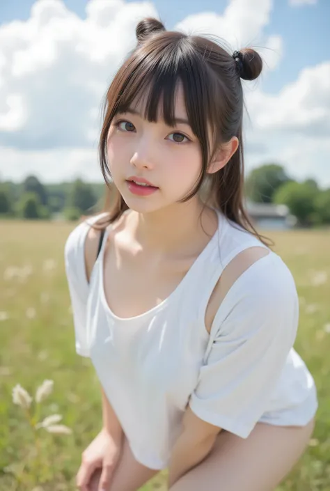 Cute Lolly,,hyperreal,high resolution,Best Quality,8k,Exquisite Details,(),(Spaghetti Straps)watching viewers,depth of field,full_body_shots,landscape,twins,campgrounds,In summer,(large white t-shirt, white panties), ((Luxury、flat chested、very slender))、lo...