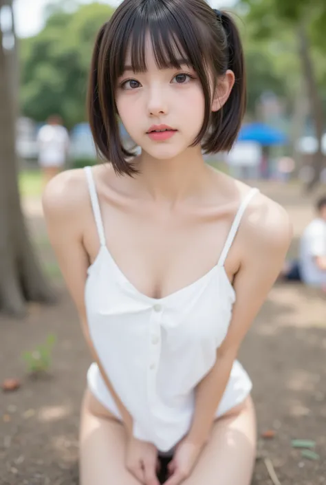 Cute Lolly,,hyperreal,high resolution,Best Quality,8k,Exquisite Details,(),(Spaghetti Straps)watching viewers,depth of field,full_body_shots,landscape,twins,campgrounds,In summer,(white oversized open chest sleeveless t-shirt, white panties), ((Luxury、ガリガリ...