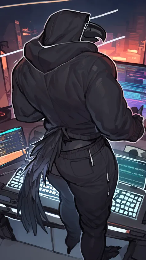 crow man, full body, solo, (black feathers, black crow beak, wide soulders, croptop hoodie, deep v neck hoodie):1.3), masculine face, masterpiece, dark eyes, masculine face, masculine attitude, solo, great lighting, by bebebebe, by ZIXiong, by zackary911, ...