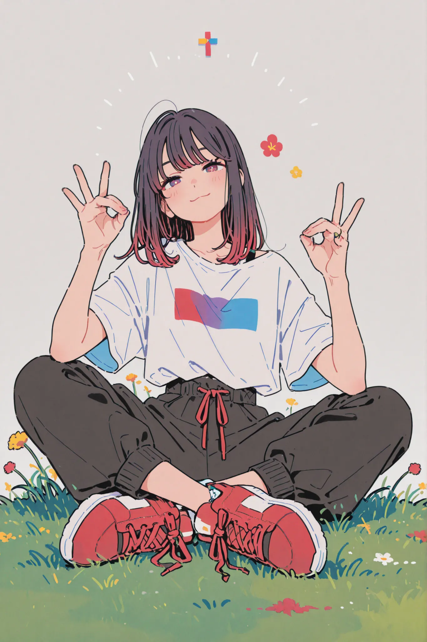 A person with dark shoulder-length hair sits cross-legged atop a trunk nestled in a field of vibrant green grass. Her casual attire includes a white t-shirt with a red diagonal strap that crosses from left shoulder to right hip, combined with wide black pa...