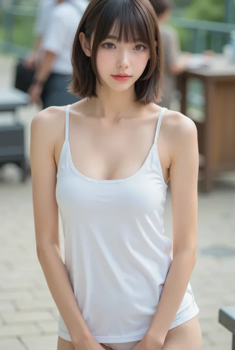 Cute Lolly,,hyperreal,high resolution,Best Quality,8k,Exquisite Details,(),(Spaghetti Straps)watching viewers,depth of field,full_body_shots,landscape,twins,campgrounds,In summer,(long white long oversized open chest sleeveless t-shirt, white panties), ((L...