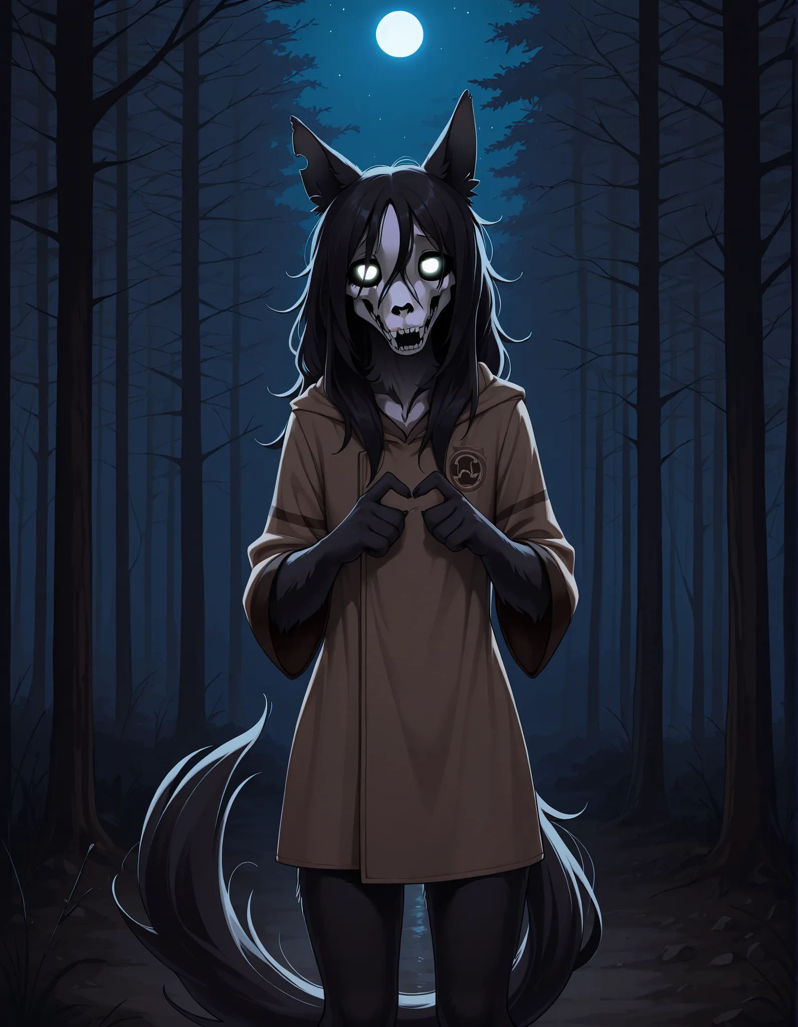 furry, hyperdetailed, clean lines, digital art, (mal0, SCP-1471:1.5), long fur, black fur, female furry, looking at viewer, detailed mouth, detailed teeth, standing, dark forest, night, nervous, fidgeting, tail