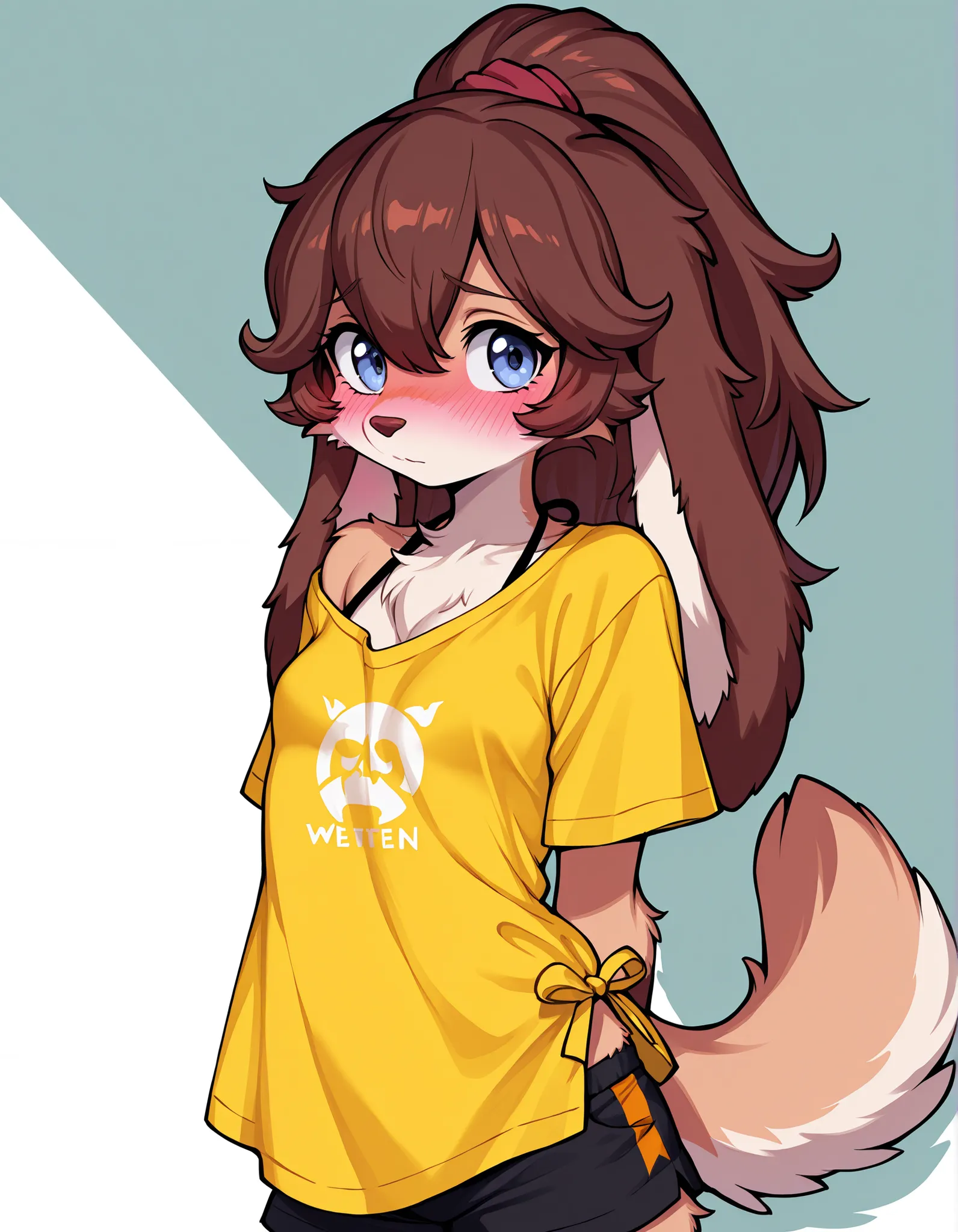 Akami Mira, highres, 1girl, lop \(star wars visions\), furry, shy, meek, yellow oversized shirt, black bikini strap, shorts, small breasts, blushing,
