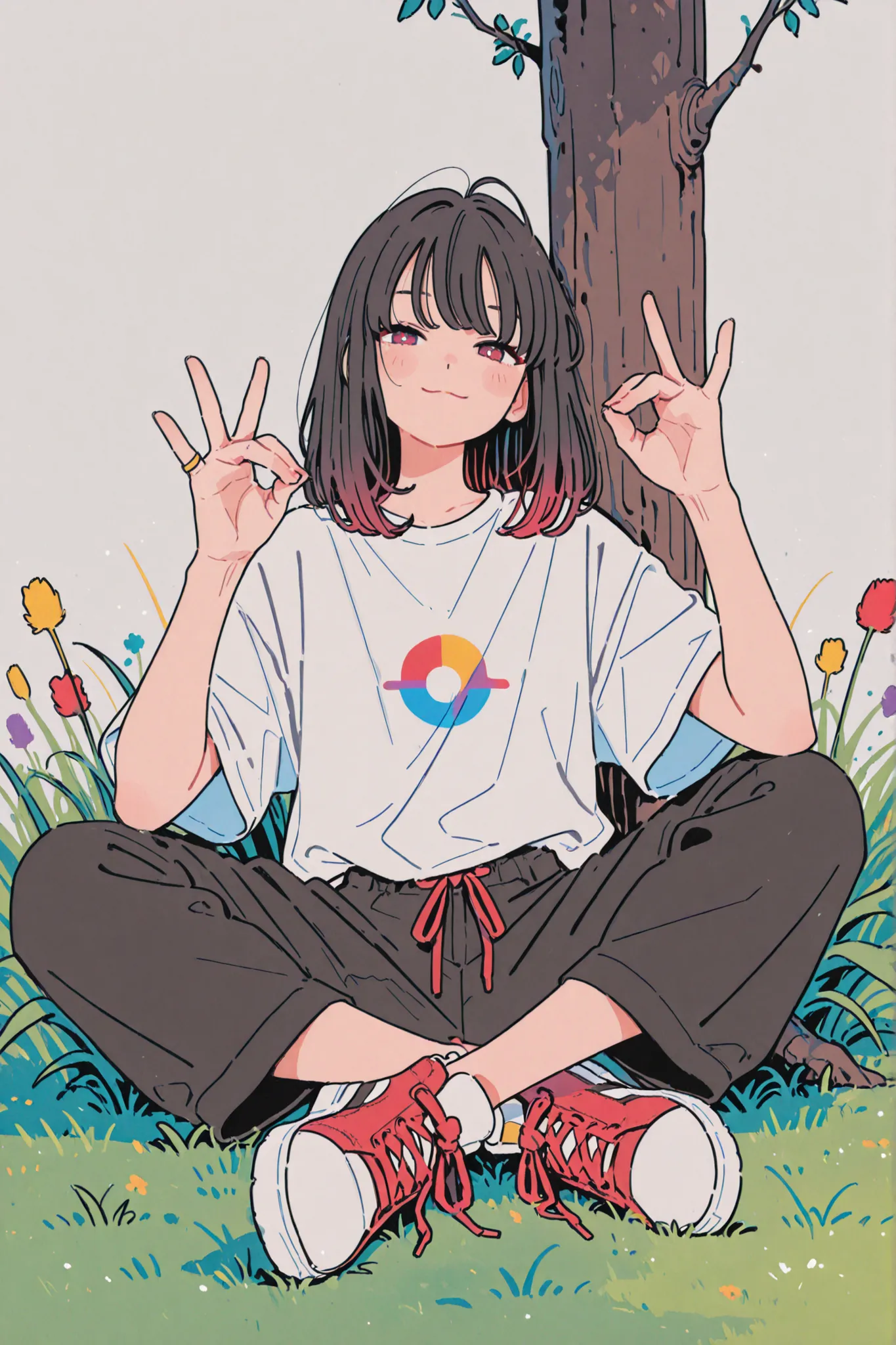 A person with dark shoulder-length hair sits cross-legged atop a trunk nestled in a field of vibrant green grass. Her casual attire includes a white t-shirt with a red diagonal strap that crosses from left shoulder to right hip, combined with wide black pa...