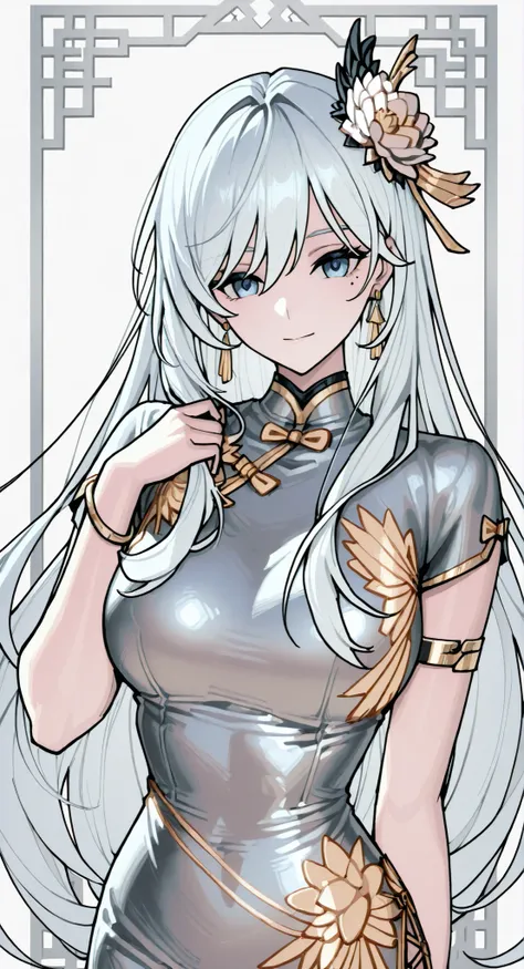 mole under eye、Armlet for left arm、bracelet for right wrist、China Dress,anime girl Picture of a woman with long white hair and a flower in her hair, gray hairの deity, Anime Goddess, gray hairの, gray hairの lady, gray hair, Zodiac knight portrait girl, Haise...