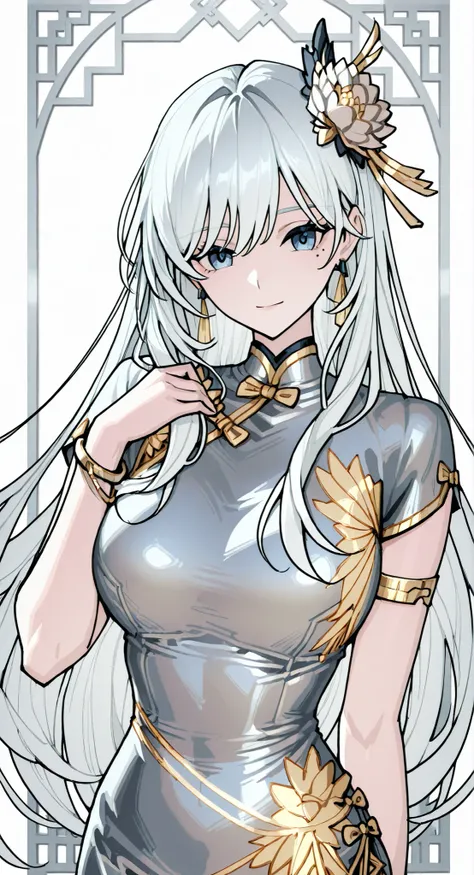 mole under eye、Armlet for left arm、bracelet for right wrist、China Dress,anime girl Picture of a woman with long white hair and a flower in her hair, gray hairの deity, Anime Goddess, gray hairの, gray hairの lady, gray hair, Zodiac knight portrait girl, Haise...