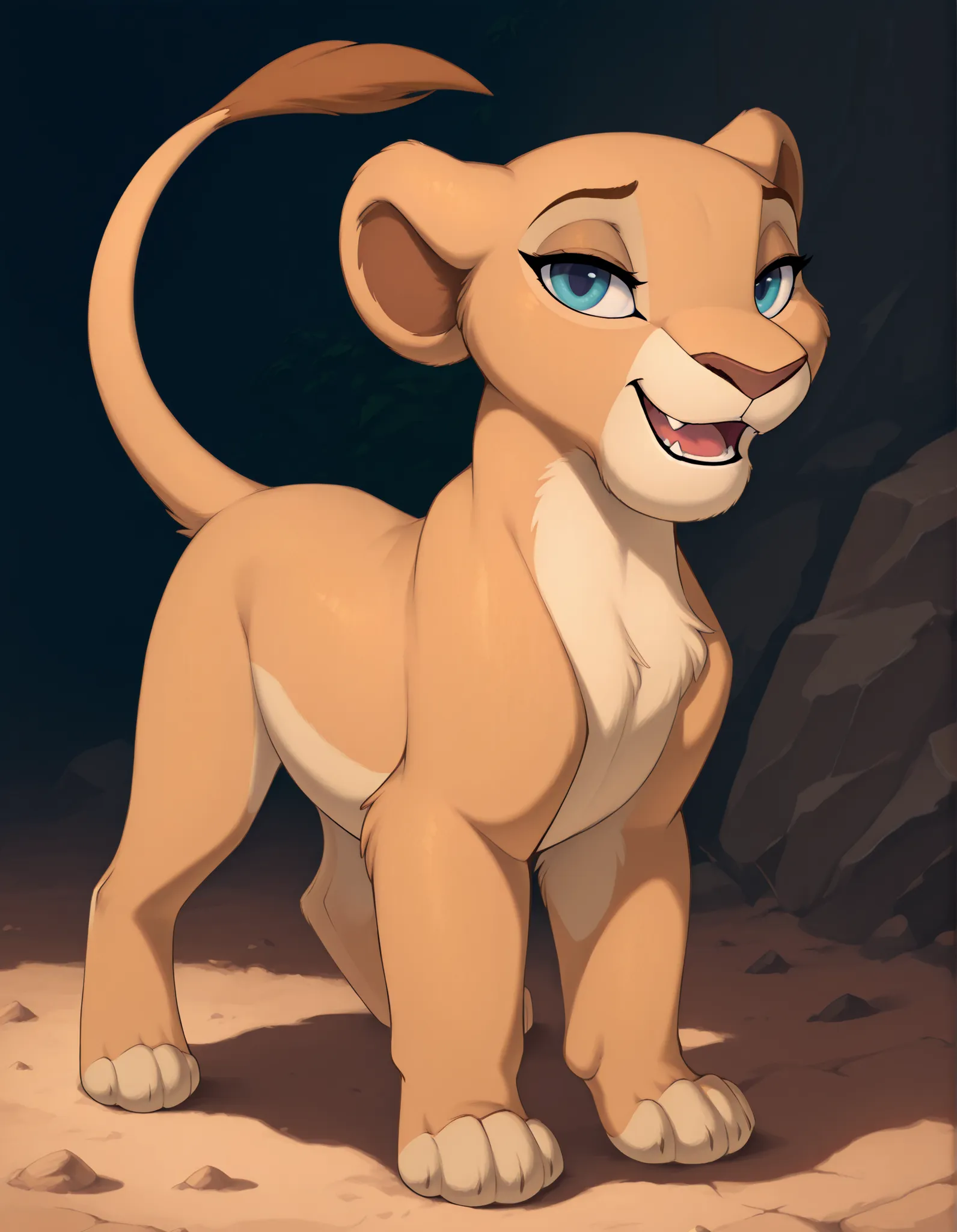 furry, lioness, young female, (young nala), standing, solo, feral, (4 toes), weak paw, blue eyes, (lidded eyes:1.0), cub, (smile:0.3), open mouth, fang, white teeth, playful, looking at viewer, (dewclaw:0.5), 