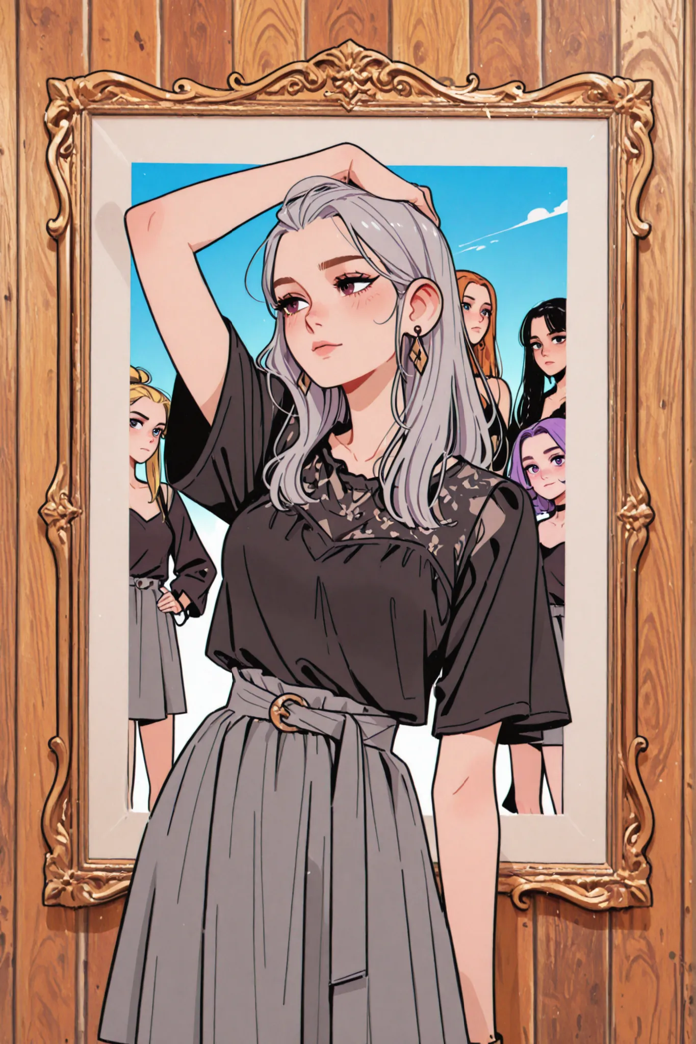 a woman in a black blouse and gray skirt posing for a photo, Kailee Mandel, postura casual, Alina Ivanchenko, Anna Nikonova also known as Newmilky, Violet Myers, lorena avarez, Dilraba Dilmurat, Pose atraente, 18 anos de idade, ela tem cerca de 1 , olga bu...