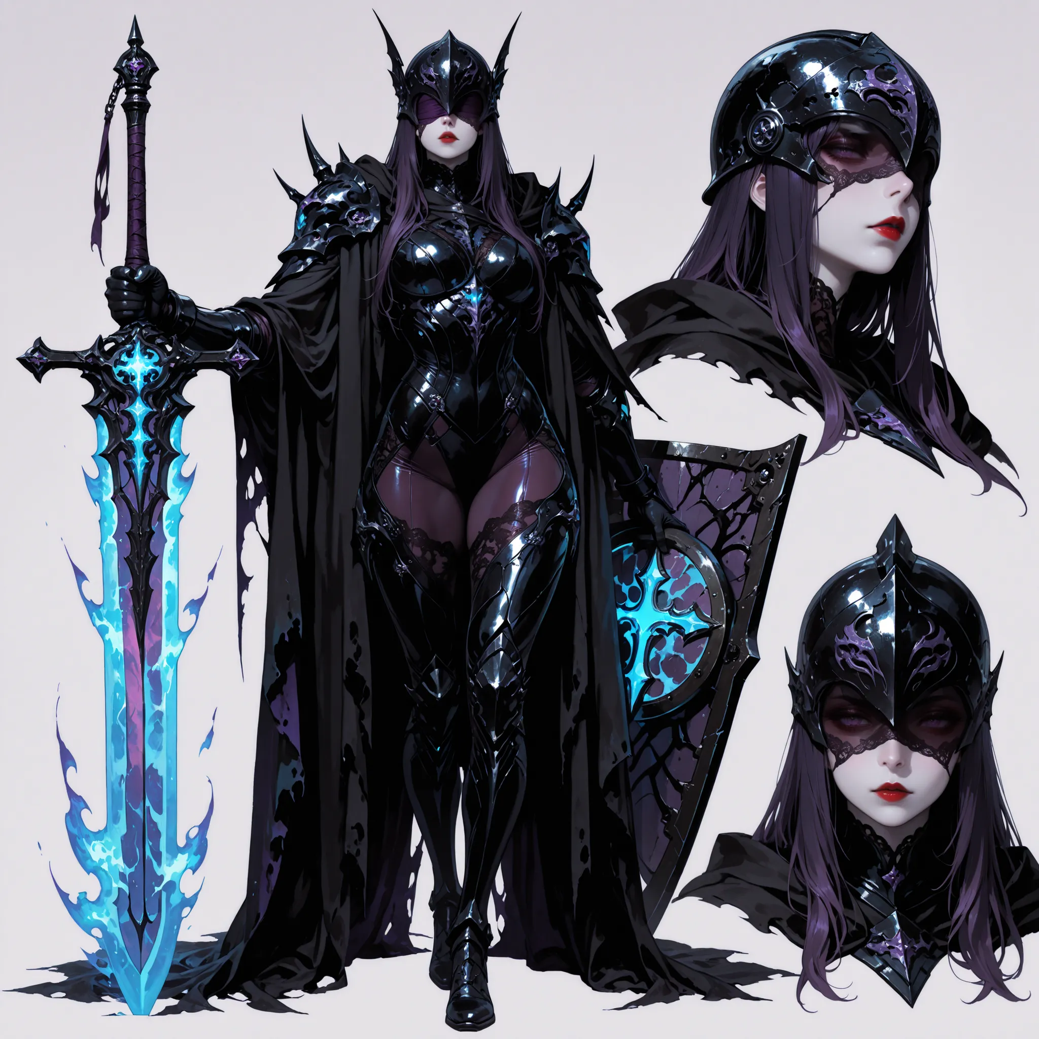 masterpiece,best quality,Ultra-detailed,multiple views,(reference sheet,character sheet),sharp edges,clear focus,full body portrait,1girl,busty red lips,dark-purple long hair,white_pale_skin,muscular curvy body,beautiful,Sexy lace blindfold,helmet,dark-kni...
