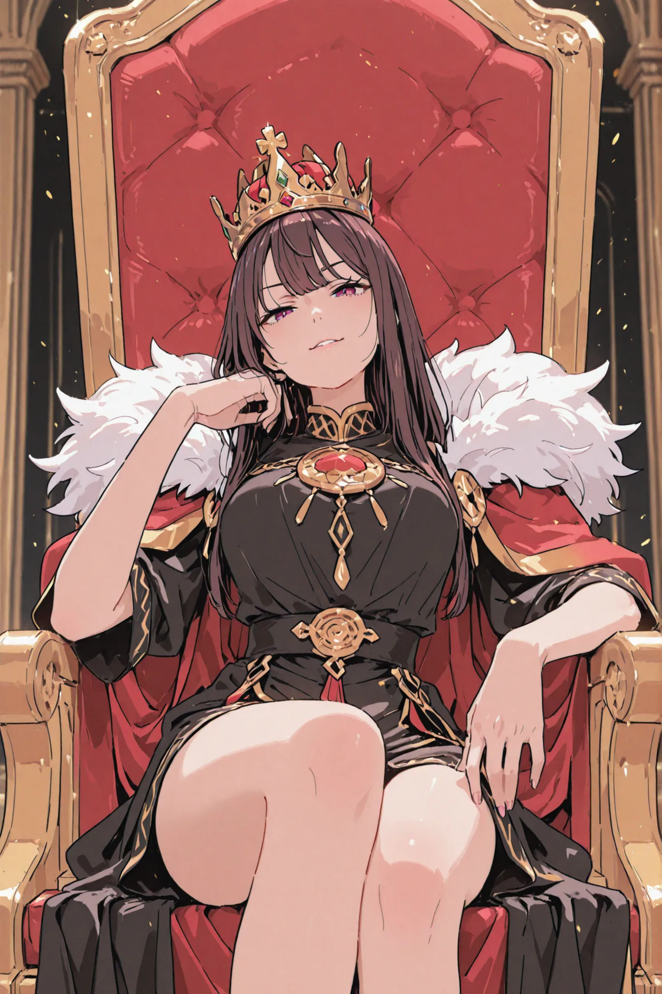 woman sitting on the queen's throne holding the crown over her head with an arrogant expression