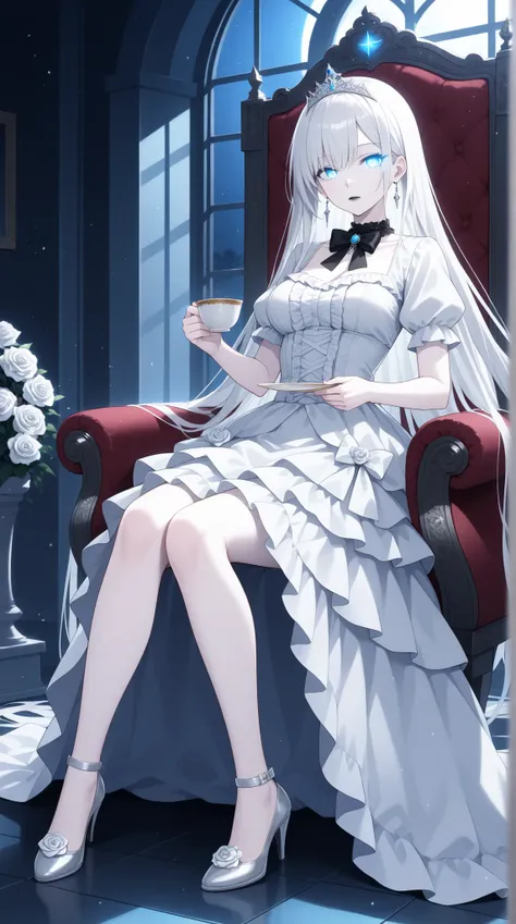 
(masterpiece, best quality), amazing quality, very aesthetic, newest, hyper-detailed, solo, full body, 1girl, expressionless, looking at viewer, blue eyes, glowing eyes, (very long hair), pale white skin, black lipstick, white hair, bowtie, tiara, (frille...