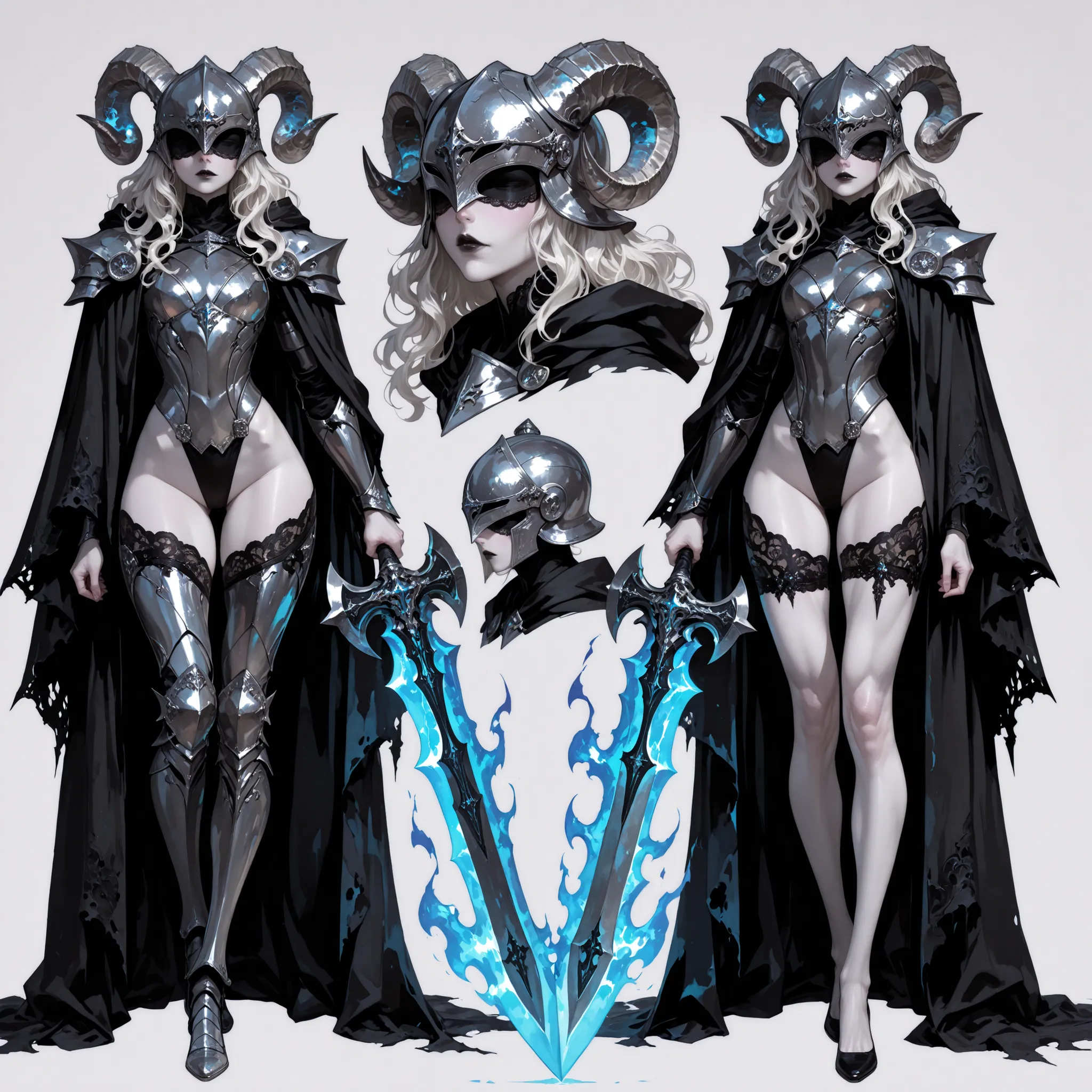 masterpiece,best quality,Ultra-detailed,multiple views,(reference sheet,character sheet),sharp edges,clear focus,full body portrait,1girl,busty black lips,silver medium wavy hair,white_pale_skin,skinny,toned slender body,wide hips,beautiful,Sexy lace blind...