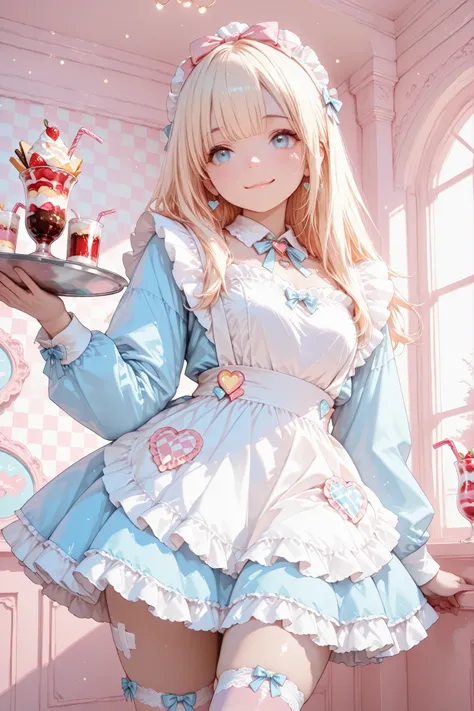 1girl, long blonde hair, blue eyes, hair bow, cute maid outfit, frilly dress, apron, thigh-high socks, ribbons, holding drink, soda can, heart-shaped straw, holding tray, parfait, whipped cream, pastel colors, candy-themed accessories, bandage on thigh, cheerful expression, indoors, checkered wallpaper, soft lighting, kawaii aesthetic
, detailed facial features, high contrast shading, lifelike skin texture,high-resolution,newest,detailed clothes, refined jewelry detail, photoreal quality, 4k, 8k, HDR, ultra detail, highres,official, 1080p, HD, 16k
