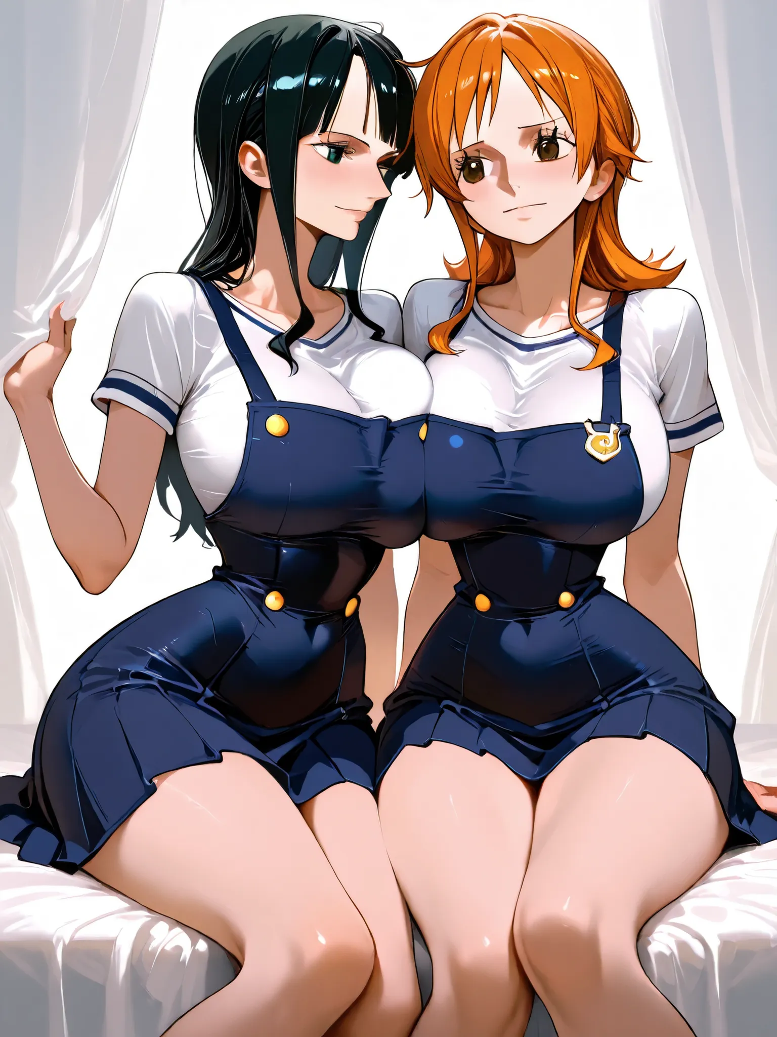 Best quality, 8K, masterpiece,ultra detailed, accurate, white background,source_anime, 2 girls, mature, one piece,(nico robin with black hair and orihime with orange hair), school dress,big breast, narrow waist, wide hips, sitting on knees on bed , facing ...