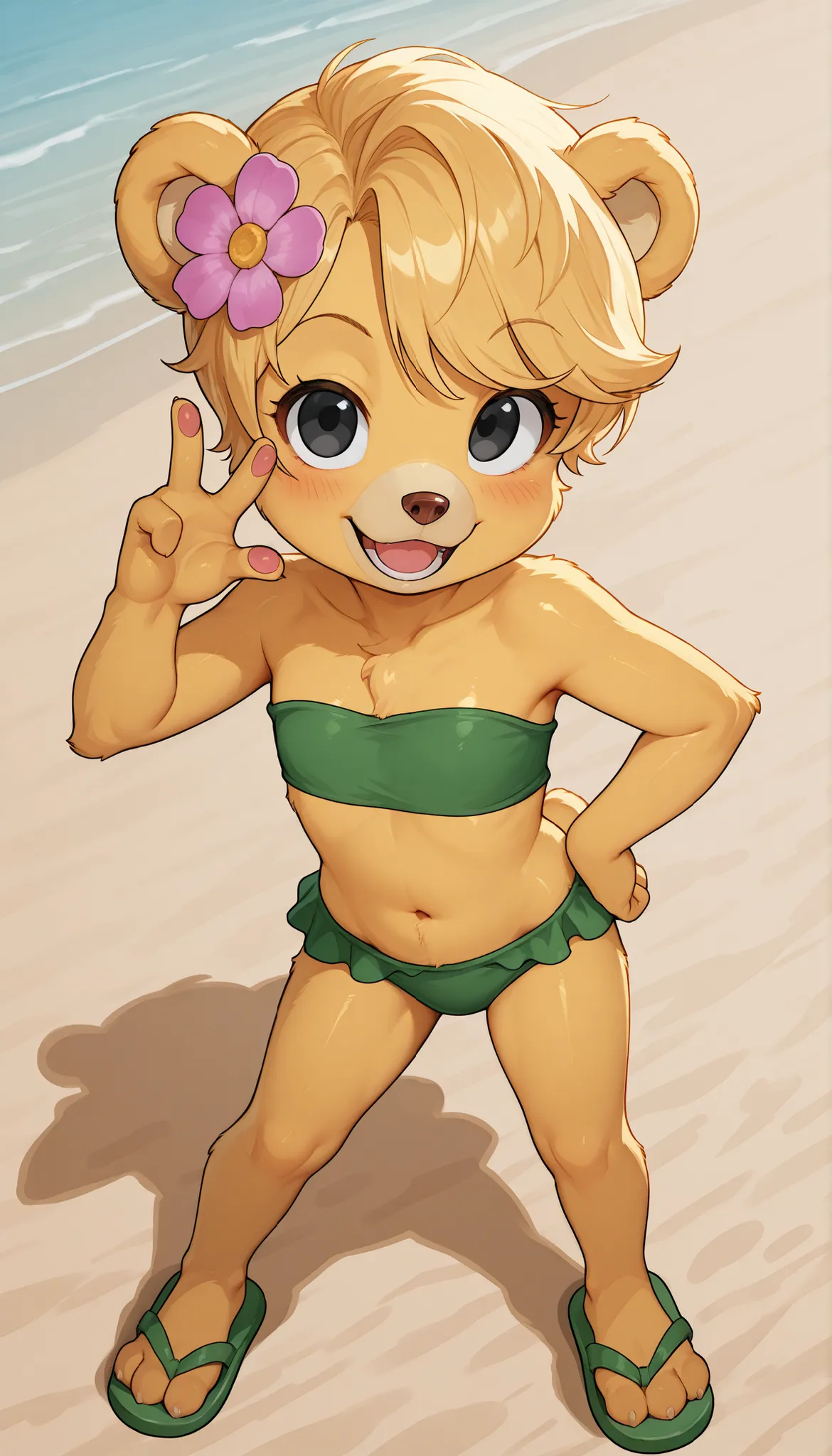 score_9, score_8_up, score_7_up, (masterpiece, best quality, very aesthetic, absurdres, source furry, artist:sakura, shaded,) 1girl, bear, furry female, Sunni Gummi, young, black eyes, smile, blush, blonde hair, messy bangs, bear features, bear ears, bear ...