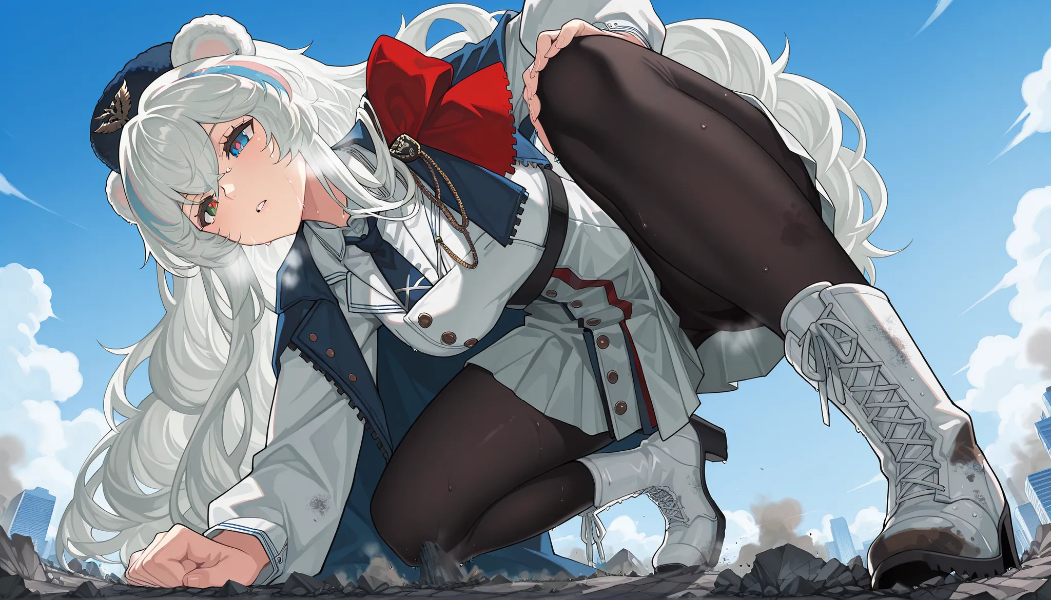 rosa_\(arknights\), heterochromia,white hair ,streaked hair,bear ears , hat ,blue necktie ,black pantyhose,red bow,jacket,white dress,blue cape,high heel boots ,Only one character, flawless, steaming body, (giantess:1.2), (Clothes with fine rubble:1.2), (d...