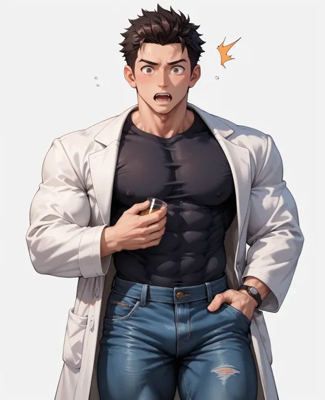 source_anime ,((White background)) White skin ((japan man)) ((1man)) , (solo man) , rathing_questionable , (Friendly, innocent appearance) , brown eyes ,(Short black hair) ((28 years old)), animated color , strong (thin) ,((muscle:0.5)) muscle leg (Je...