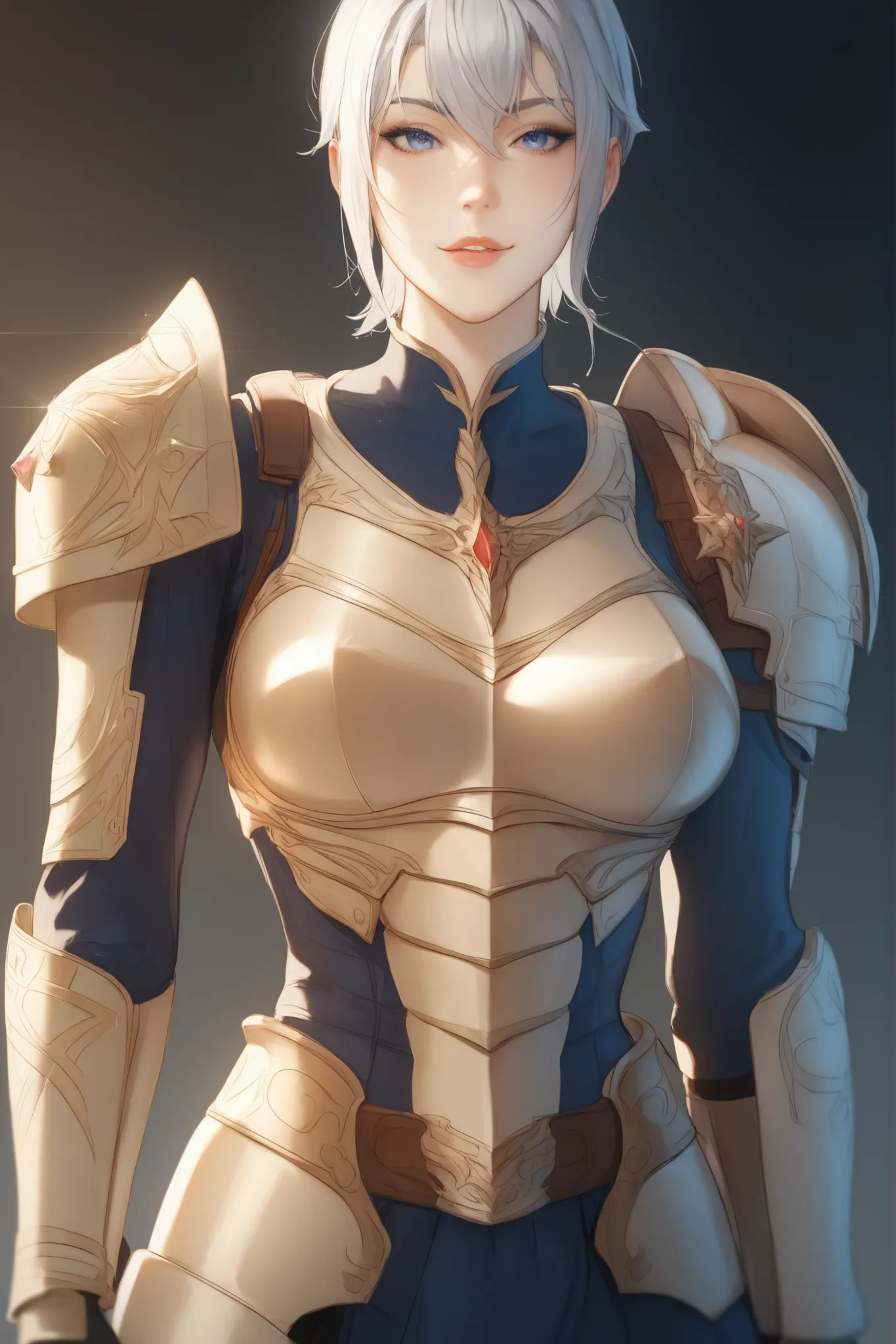 beautiful woman with silver wolf cut hair、Powerful Gaze、Strong body,high resolution、4K、Realistic、professional portrait、emotional expression、combat posture 、Muscle Takashi々Body、dark atmospheric background、Heavy Armor、The reflection of light is beautiful 、De...