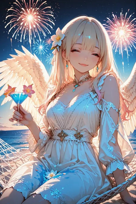 a graceful woman with angelic wings lounging on a hammock, her elegant white dress adorned with lace and floral accents, she holds a delicate cocktail glass in her hand, the drink is vibrant, filled with colorful flowers and a glowing blue liquid, her expr...