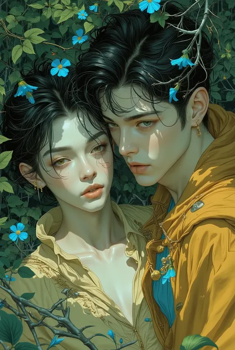 Ultimate Couple Contest! Ship your OTP—showcase their sweet fluff or angsty drama. Handsome young man and beutiful young girls lying in the bushes and thorns and beautiful pinton blue flowers, top view camera. wearing rich yellow wizards robe and pinton bl...