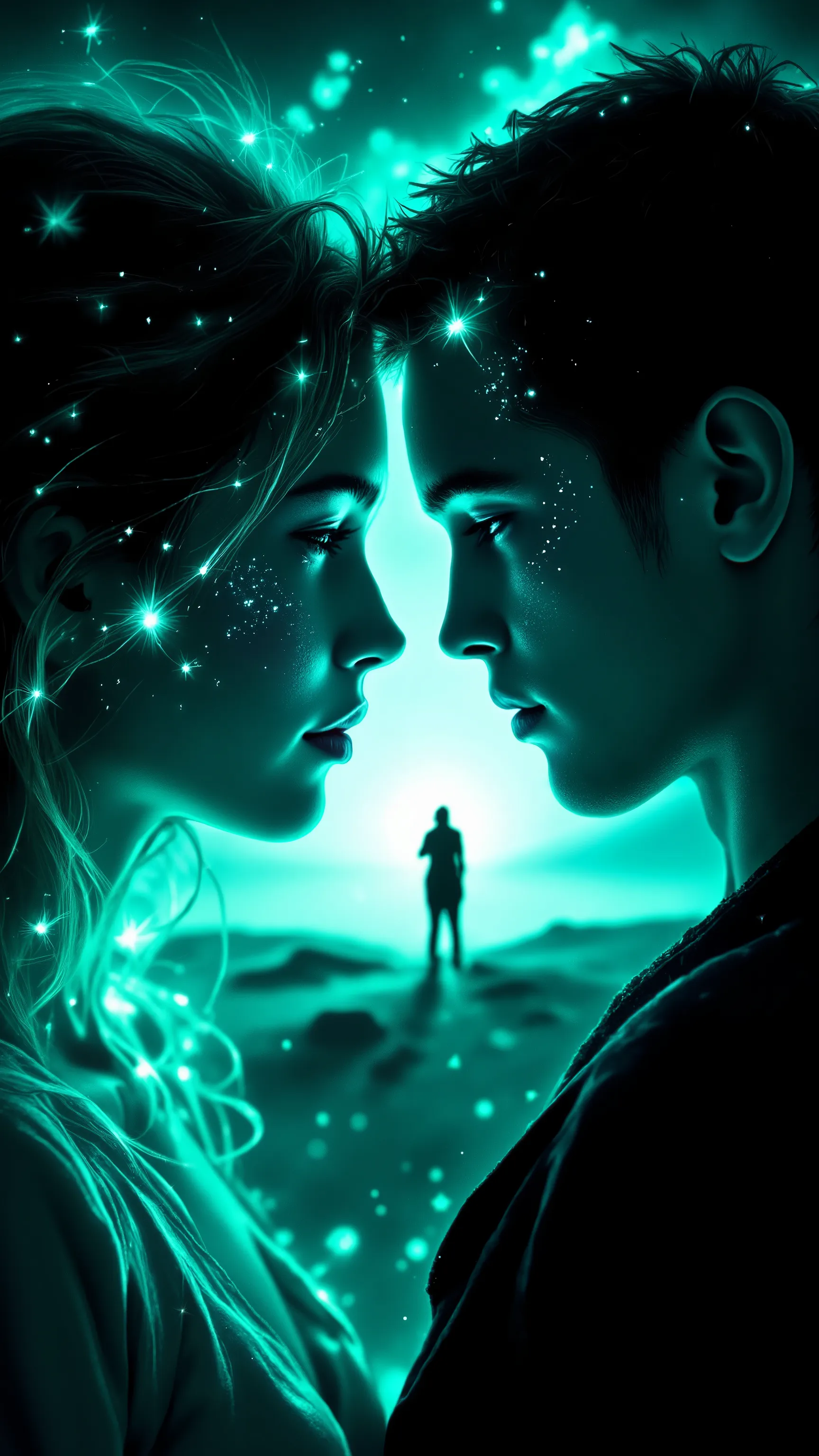 Digital photo painting , Photo art in style of Howard Schatz and Guido Argentini. Referense Eve Ventrue. A heart, turquoise magic flashes, stars and a silhouette of lovers. beautiful charming faces. perfect anatomy. Stunningly beautiful. Ultra-bright chrom...