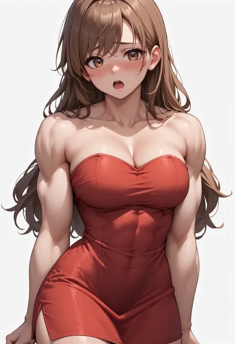 source_anime ,score_9, score_8_ up, score_7,  ((White background)) ((Russian woman)) ((1girl)) (solo girl) ,30 years old, rathing_questionable (Red strapless mini dress:1.4) brown eyes , (brown Long hair) , straight hair ,((muscular:0.5)) ((breasts:0.3)) ,...