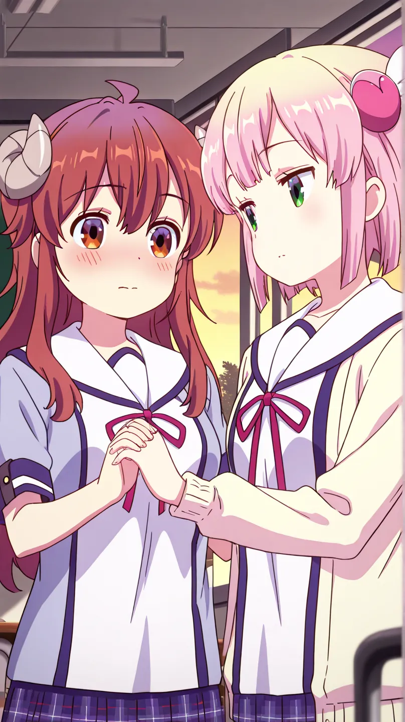 score_9,score_8_up,score_7_up, 2 girls,yoshida yuuko\(Machikado\),chiyoda momo\(Machikado\),on the left is Yoshida Yuuko,Chiyoda Momo on the right,uniform,Simple background,school,classroom,evening,Interval,(faces each other and holds hands:1.5),(stare at each other:1.5),shy face,embarrassed expression,(angle from the side:1.2),upper body,standing,yuuko has horns