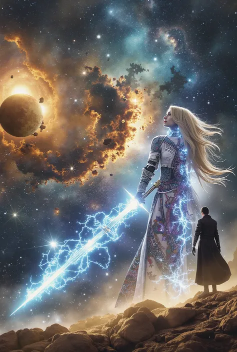 Galaxy Alice, alone, One male, standing, long hair, upper body, blonde, (8k, best quality, masterpiece: 1.2), (by Mr. Nomi, photo by Mr. Nomi: 1.37), very detailed, One Girl, Paladin Holding Light-Filled Sword, Wide-angle field of view, large chest, Hard, ...