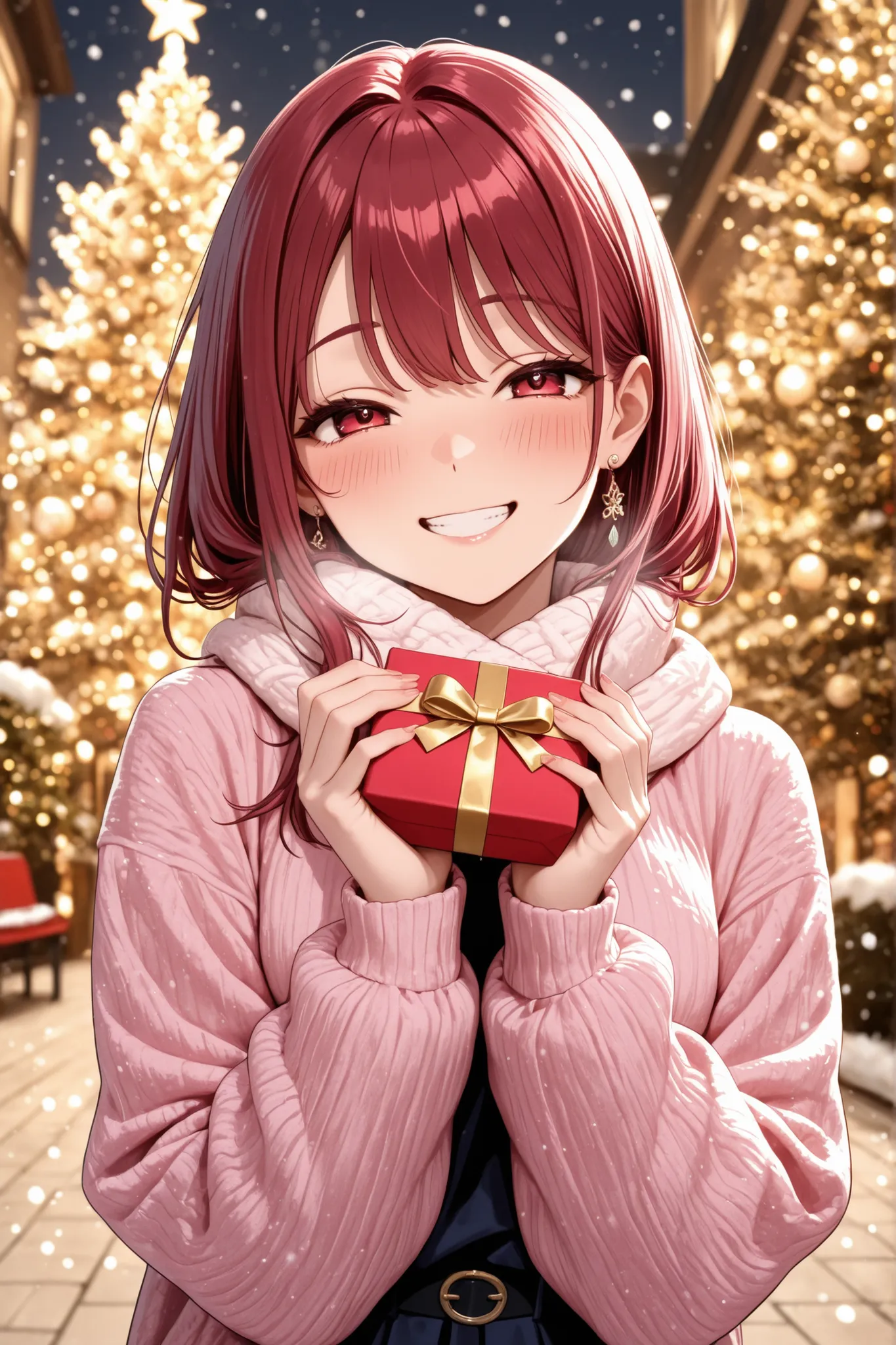 masterpiece、top quality、Uncorrected　Japanese Woman　shy lol　 has a grin　White red pink clothes　give a present　Background Winter Day　