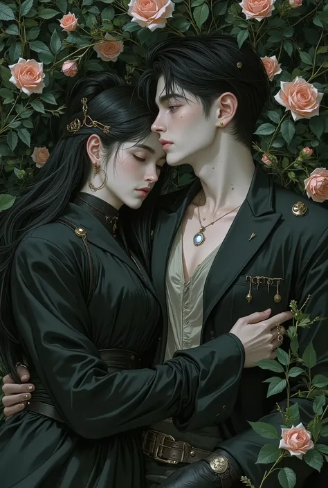 Ultimate Couple Contest! Ship your OTP—showcase their sweet fluff or angsty drama. Handsome young man and beutiful young girls lying in the bushes and thorns and beautiful old rose pinks flowers, top view camera. wearing jet black wizards robe and old rose...