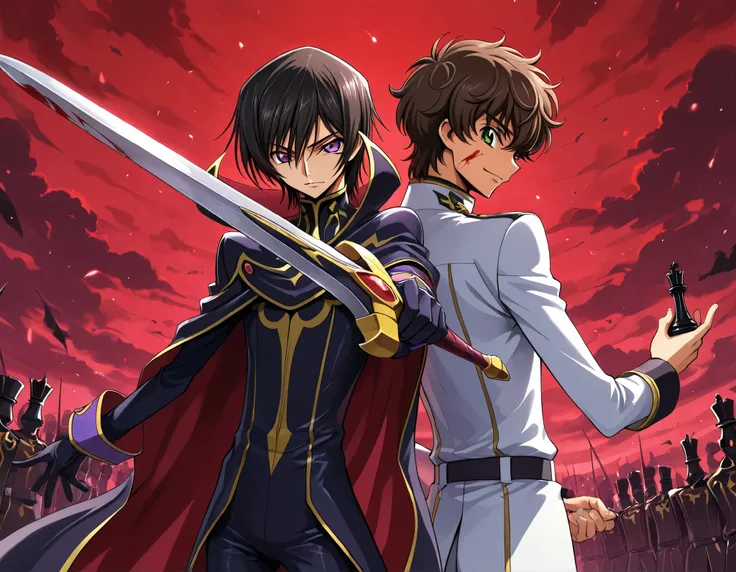 2boys, multiple boys, 1boy: lelouch vi britannia\(code geass\), zero (code geass), black bodysuit, adult, skinny, black hair, purple eyes, short hair, cape, blood on face, holding chess piece, king(chess), smile, (glowing left eye: 0.5), hand towards viewe...