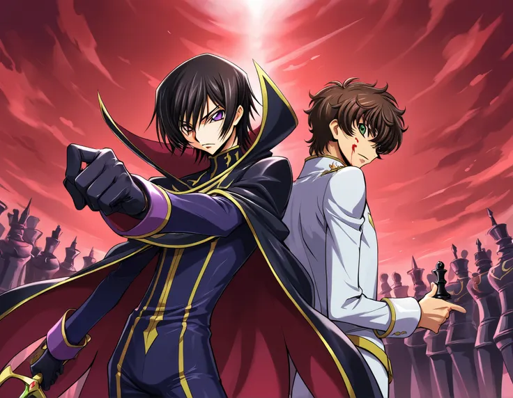 2boys, multiple boys, 1boy: lelouch vi britannia\(code geass\), zero (code geass), black bodysuit, adult, skinny, black hair, purple eyes, short hair, cape, blood on face, holding chess piece, king(chess), smile, (glowing left eye: 0.5), hand towards viewe...