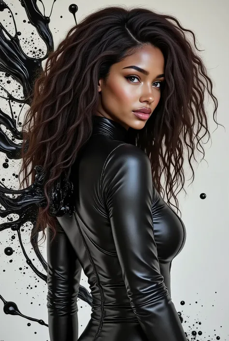 beautiful mixed-race woman, Flow of black ink, Resolution 8K, a photorealistic masterpiece by Aaron Horkey and Jeremy Mann, confusingly detailed fluid gouache painting by Jean Baptiste, Professional photography, daylight, volumetric lighting, Maximalist, R...