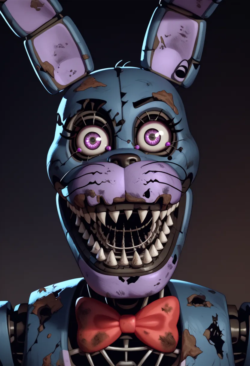 Bonnie's nightmare, Cortex, dirty, evil smile, looks at the viewer,   scary  (the subject),Female, her eyes are orange, dark blue to purple, dark Web style,  