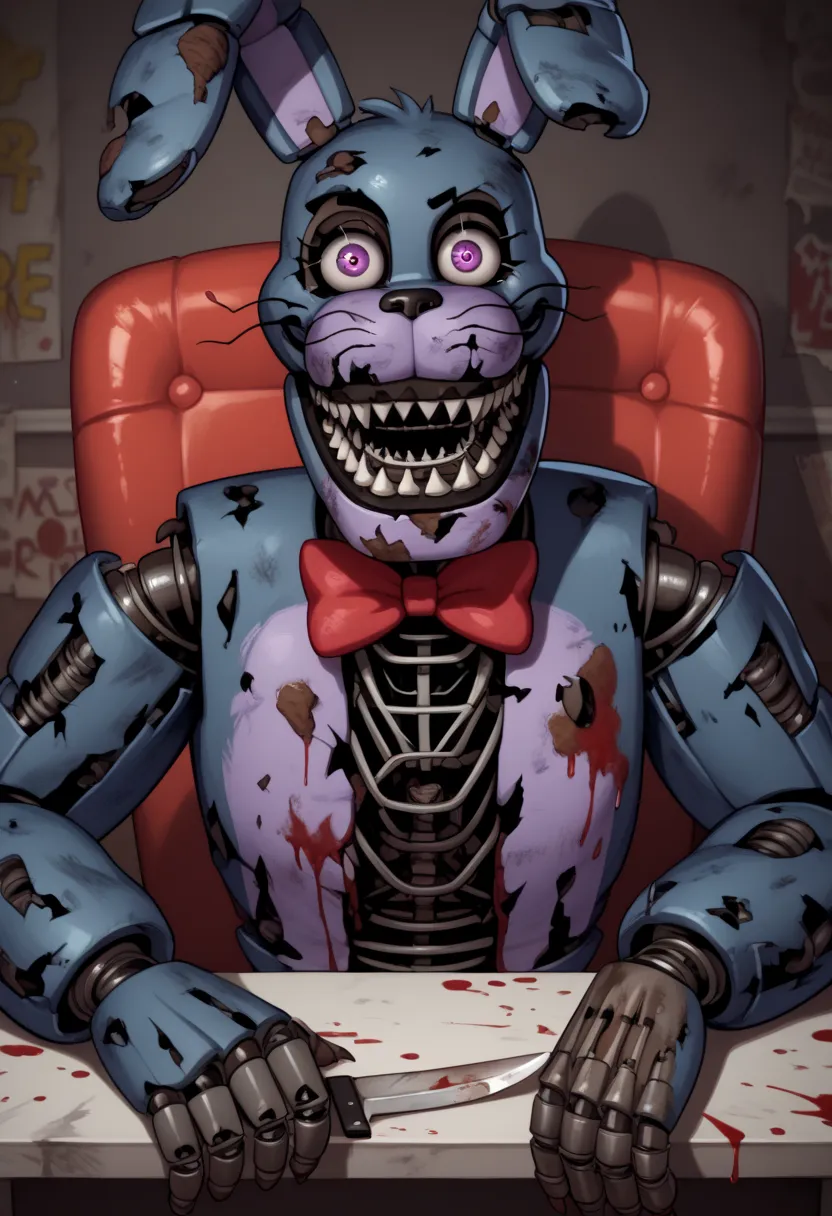 Bonnie's nightmare, Cortex, dirty, evil smile, looks at the viewer,   scary  (the subject),Female, her eyes are orange, dark blue to purple, dark Web style. Make her sit on a chair and hold a shiny black knife in her hand and blood is spread everywhere 