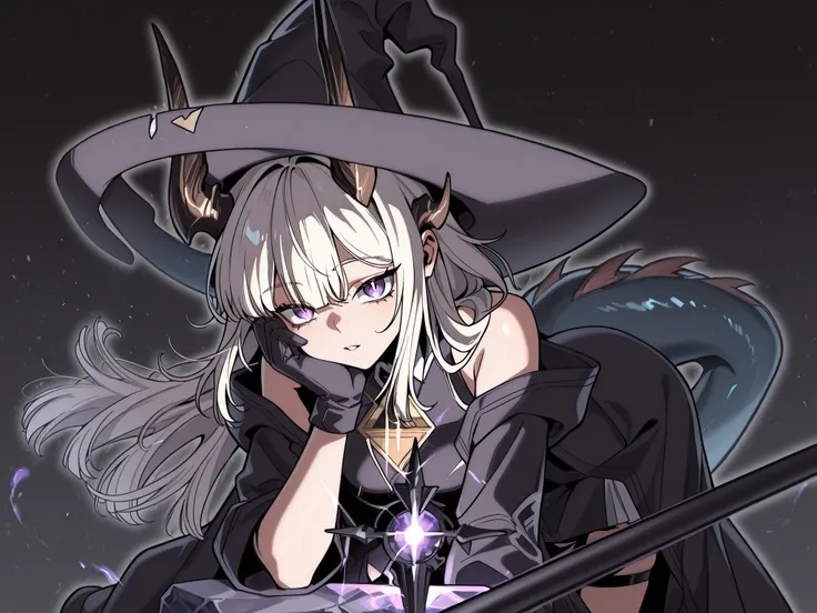alone, 1 girl, facing the viewer, white hair, hairstyle of Lucy Mayreel from "The Extra's Academy Survival Guide", body of Lucy Mayreel from "The Extra's Academy Survival Guide", purple eyes, long bangs, perfect anatomy, student, long black horns like Reed...