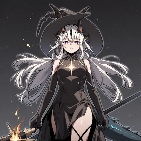 alone, 1 girl, facing the viewer, white hair, hairstyle of Lucy Mayreel from "The Extra's Academy Survival Guide", body of Lucy Mayreel from "The Extra's Academy Survival Guide", purple eyes, long bangs, perfect anatomy, student, long black horns like Reed...