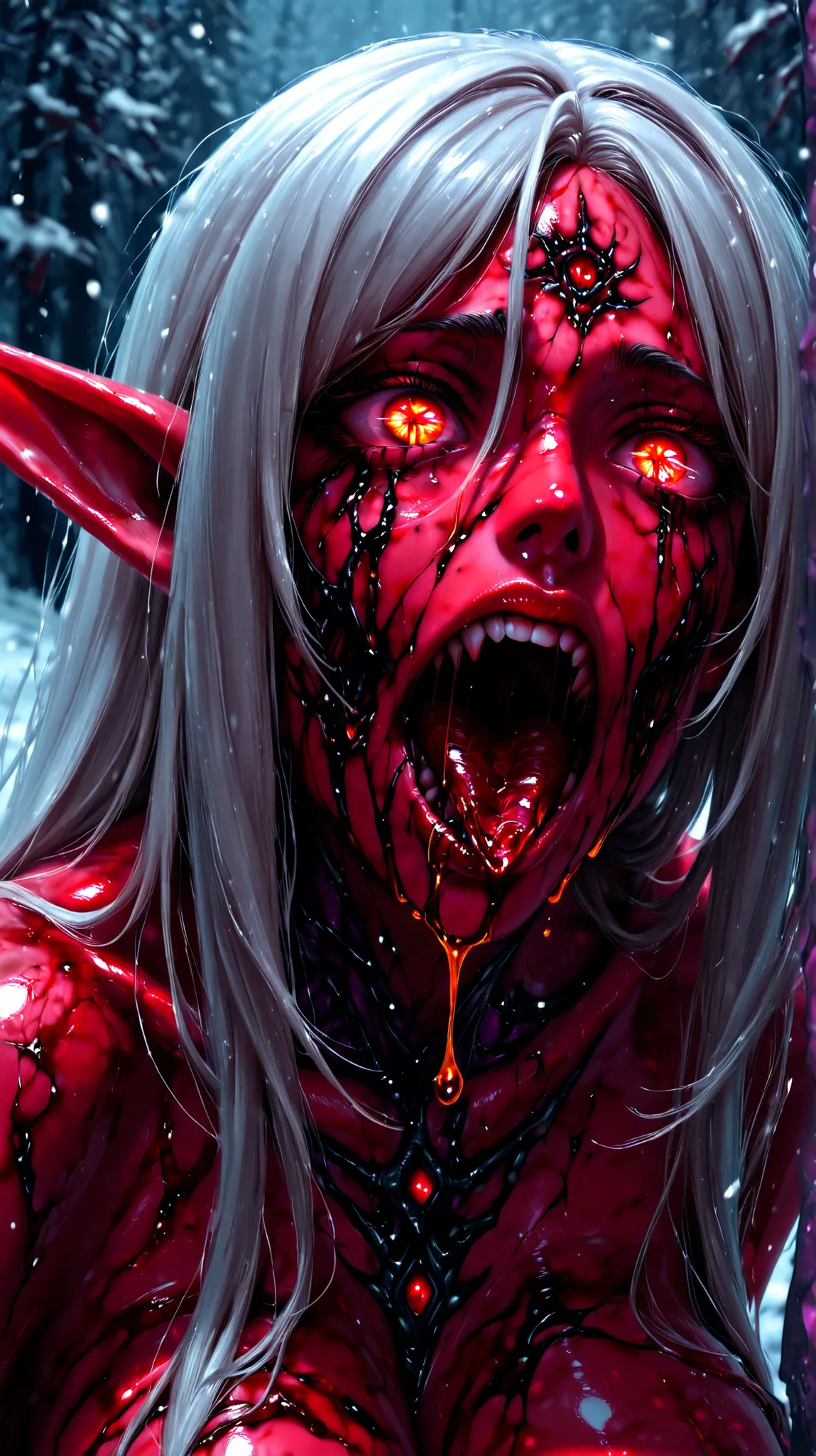 A chillingly vivid close-up portrait of a Blood Elf, her pupils dilated to almost oblivion, the irises swirling with a fiery maelstrom of madness. Her skin, once the ethereal shade of moonlit snow, is now pallid and stretched taut over her bones, a stark c...