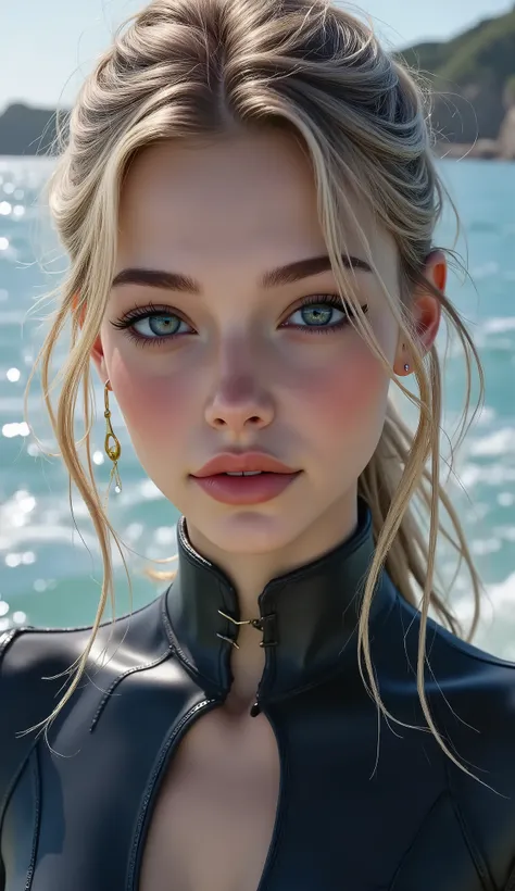 ((only one surfboard on the sreean:1.4)) ((Standing on a urfboard:1.35)), (((on top of a wave at sea:1.35))) A (1 girl: 1.3)24-years-old、with perfect figure (((Full body shot:1.35))), ((Ultra-realistic最high quality、 8K、 The ultra -The high-definition))、(ph...