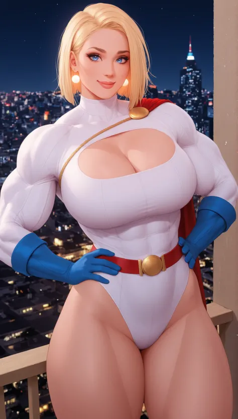 (masterpiece), (portrait), big breasts (aesthetics), ((1 female 21 years old)) ((((((muscular, super muscular woman, thick thighs, showing biceps, hand on waist)))))), Highlight earrings), ((Blunt cut hair)), ((Hot blonde hair)), straight hair, thin eyes o...
